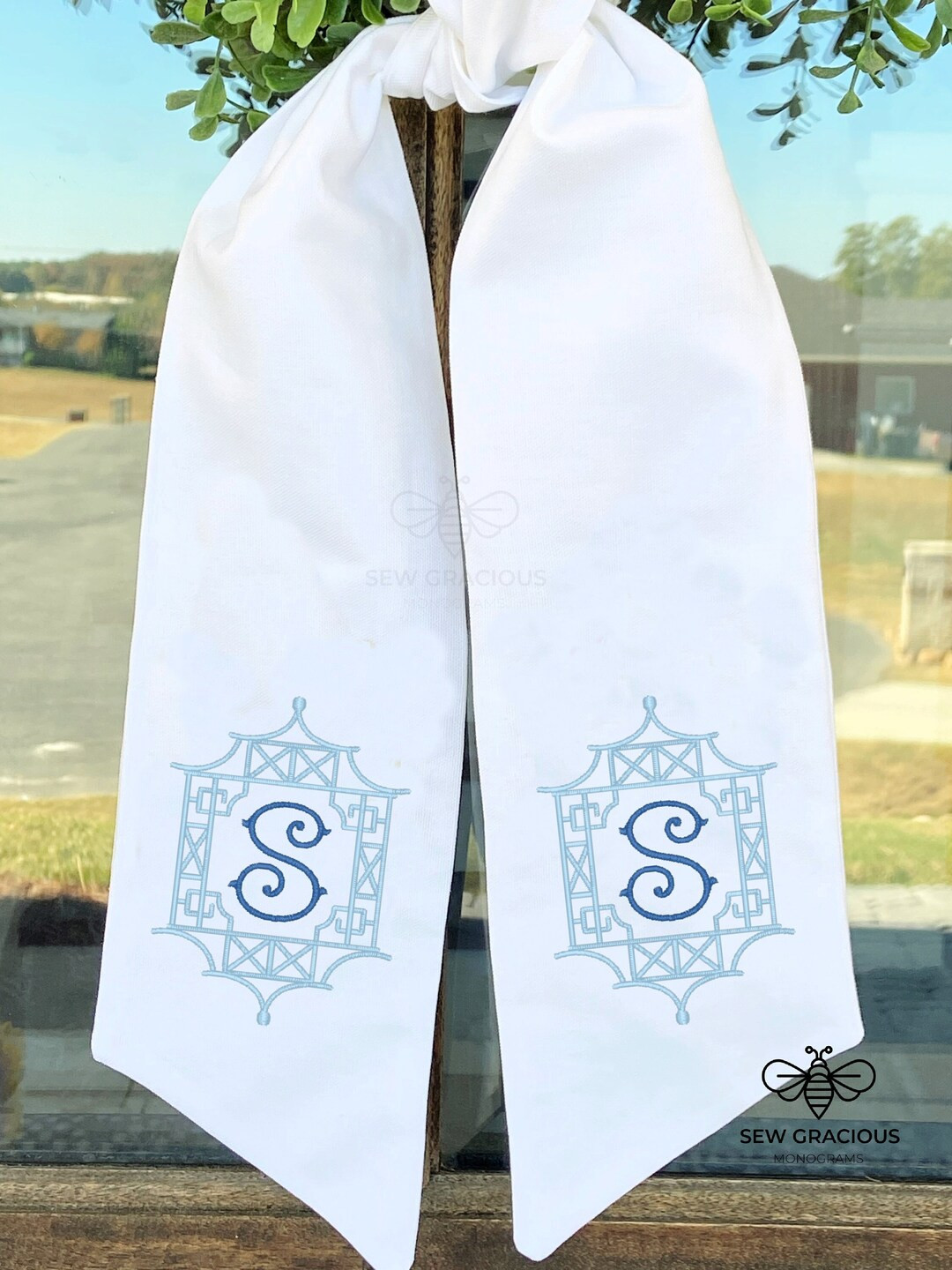 Monogram Wreath Sash, Year Round Wreath Scarf, Chinoiserie Pagoda Home Decor, Personalized Gift I... | Etsy (US)