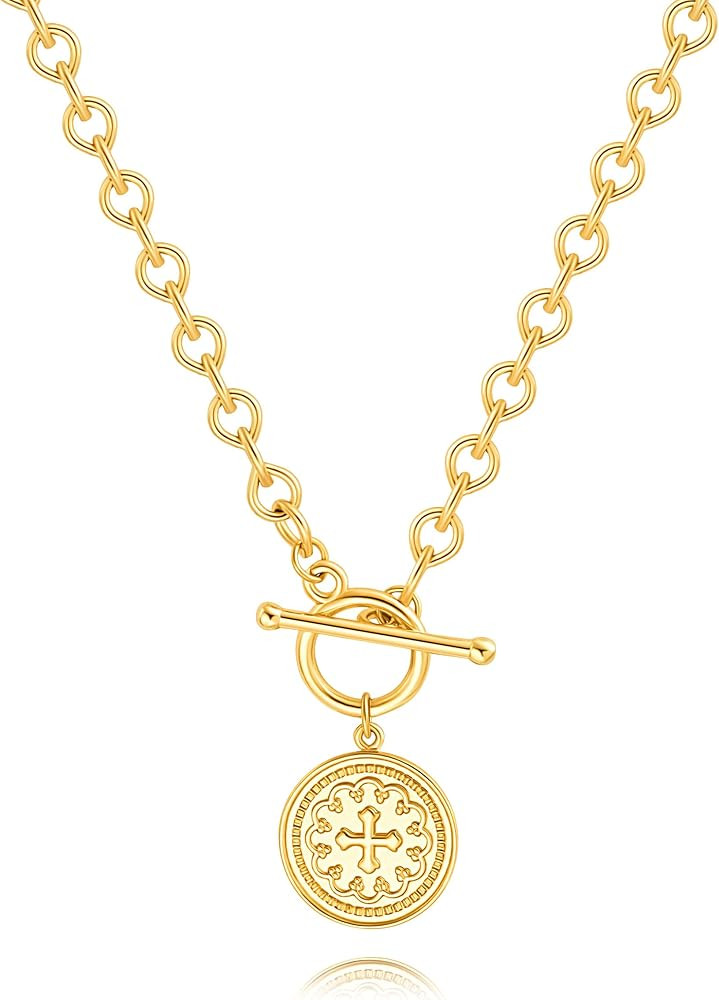 CANEVINKA Dainty Cross Medallion/Heart Pendant Chain Necklace 18K Gold Plated Oval Choker Fashion... | Amazon (US)