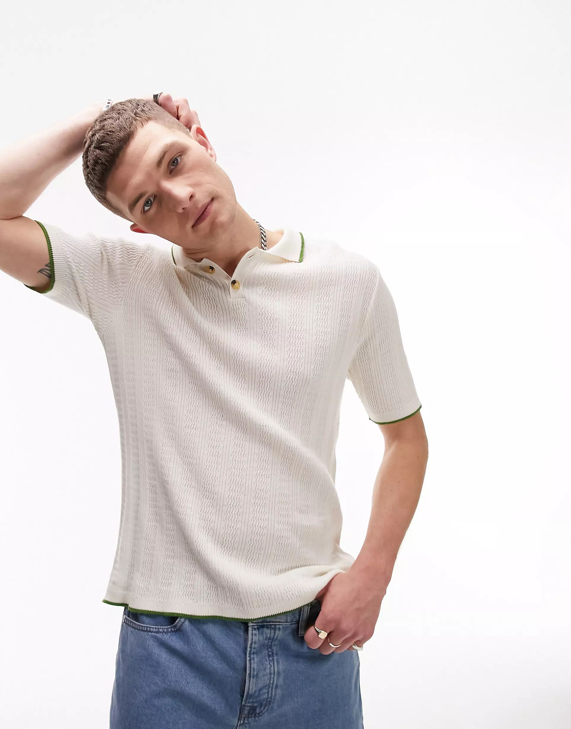 Topman knitted rib texture polo with contrast tipping in ecru | ASOS (Global)