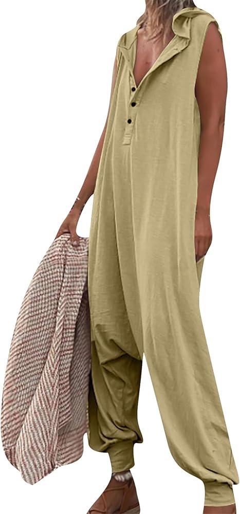 OMZIN Womens Sleeveless Solid Color Oversize Romper Drop Crotch Button Overalls Hooded Summer Bea... | Amazon (US)