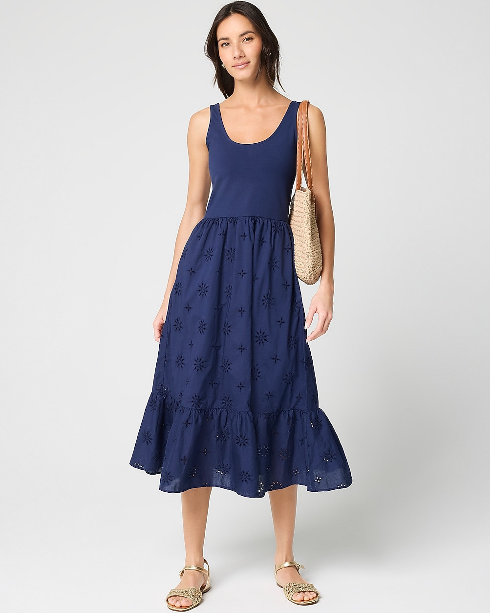 Petite eyelet mixed-media midi dress | J.Crew Factory