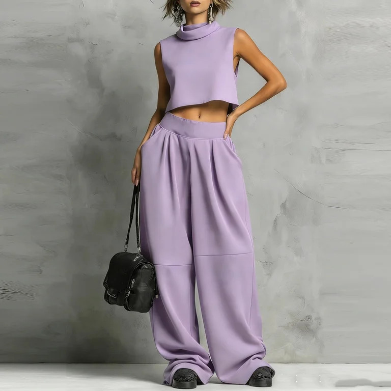 Trendy Outfits for Women 2 Piece Sleeveless Turtleneck Tank Crop Top & Wide Leg Baggy Pants Set w... | Walmart (US)