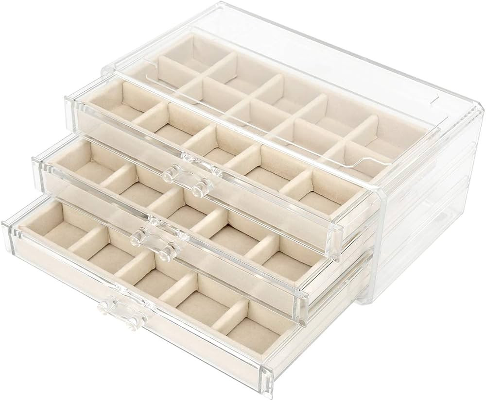 FEISCON Acrylic Jewelry Organizer Makeup Cosmetic Storage Organizer Box Clear Jewelry Case with 3... | Amazon (US)