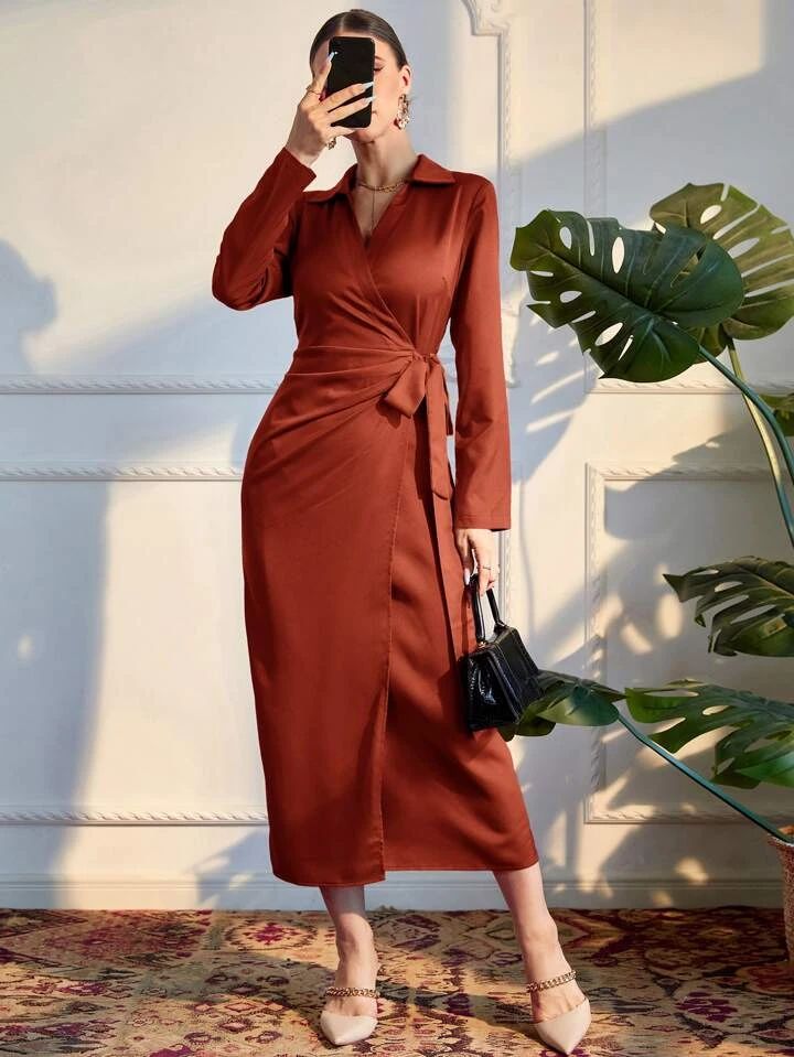 SHEIN Modely Solid Wrap Tie Side Dress | SHEIN