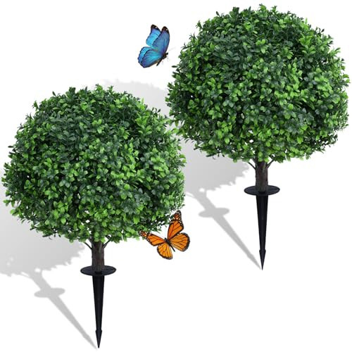 Quirlory Dense Leafy Artificial Boxwood Topiary Ball Trees 24 Inch, Set of 2 Fake Plants Outdoor with Ground Spike, UV Resistant Faux Boxwood Bushes for Garden Patio Front Porch Decor | Amazon (US)