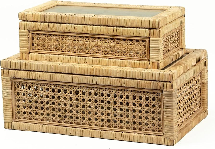 Rattan Display Box for Home Decor with Lid - Rectangular Coastal Bohemian Style Stackable Decorat... | Amazon (US)