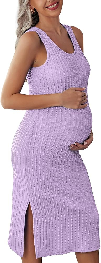Ekouaer Women's Maternity Dress Rib Knit Sleeveless Tank Side Slit Bodycon Dresses Pregnancy Clot... | Amazon (US)