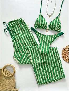 SHENHE Women's 3 Piece Swimsuits Crochet Striped Bikinis Triangle Halter Bathing Suit with Pants | Amazon (US)