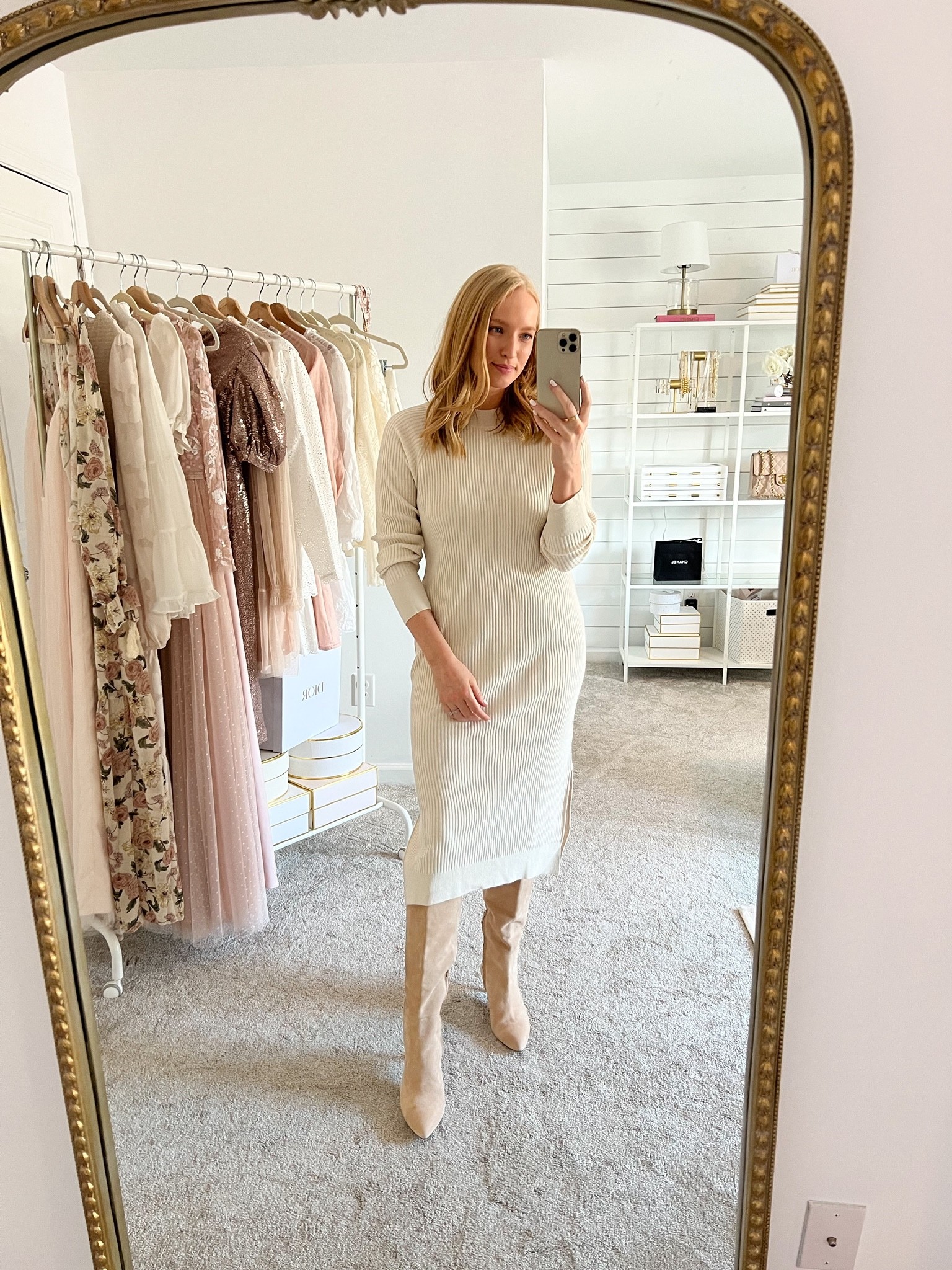 Midi ribbed sweater dress with a crew neck styled with knee-high suede boots. Great fall workwear look for the office. 

#LTKworkwear #LTKSeasonal #LTKunder100