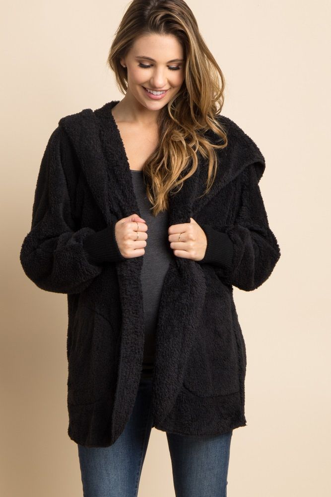 Black Fuzzy Hooded Long Sleeve Maternity Jacket | PinkBlush Maternity