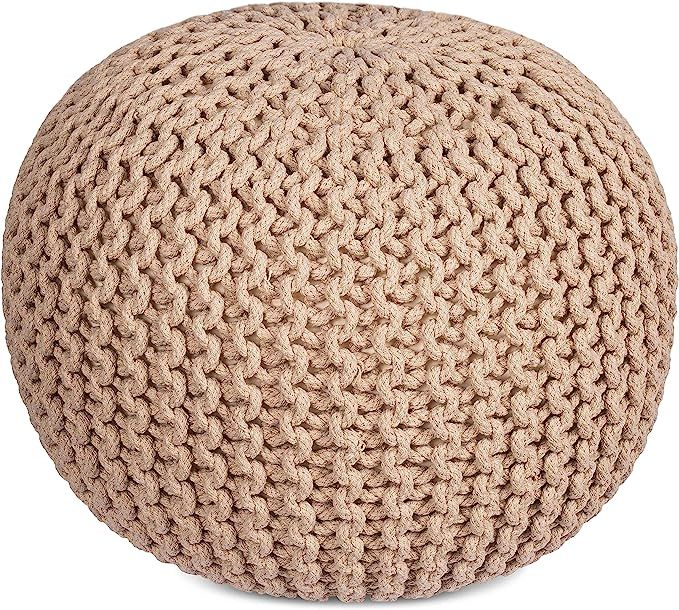 BIRDROCK HOME Round Pouf Foot Stool Ottoman - Knit Bean Bag Floor Chair - Cotton Braided Cord - G... | Amazon (US)