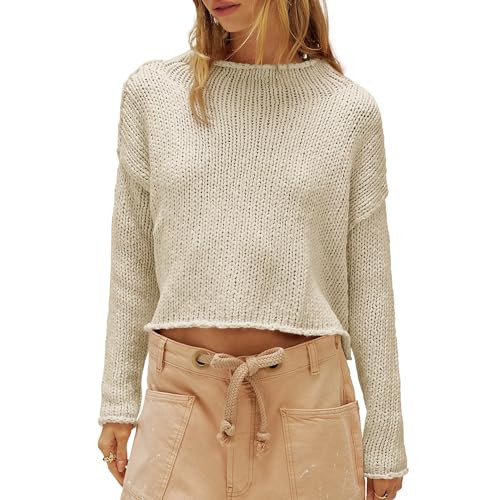Songling Womens Sweater Oversized Roll Neck Cotton Long Sleeve Casual Soft Chunky Sweaters Crochet Knit Pullover Tops(Apricot,XS) | Amazon (US)