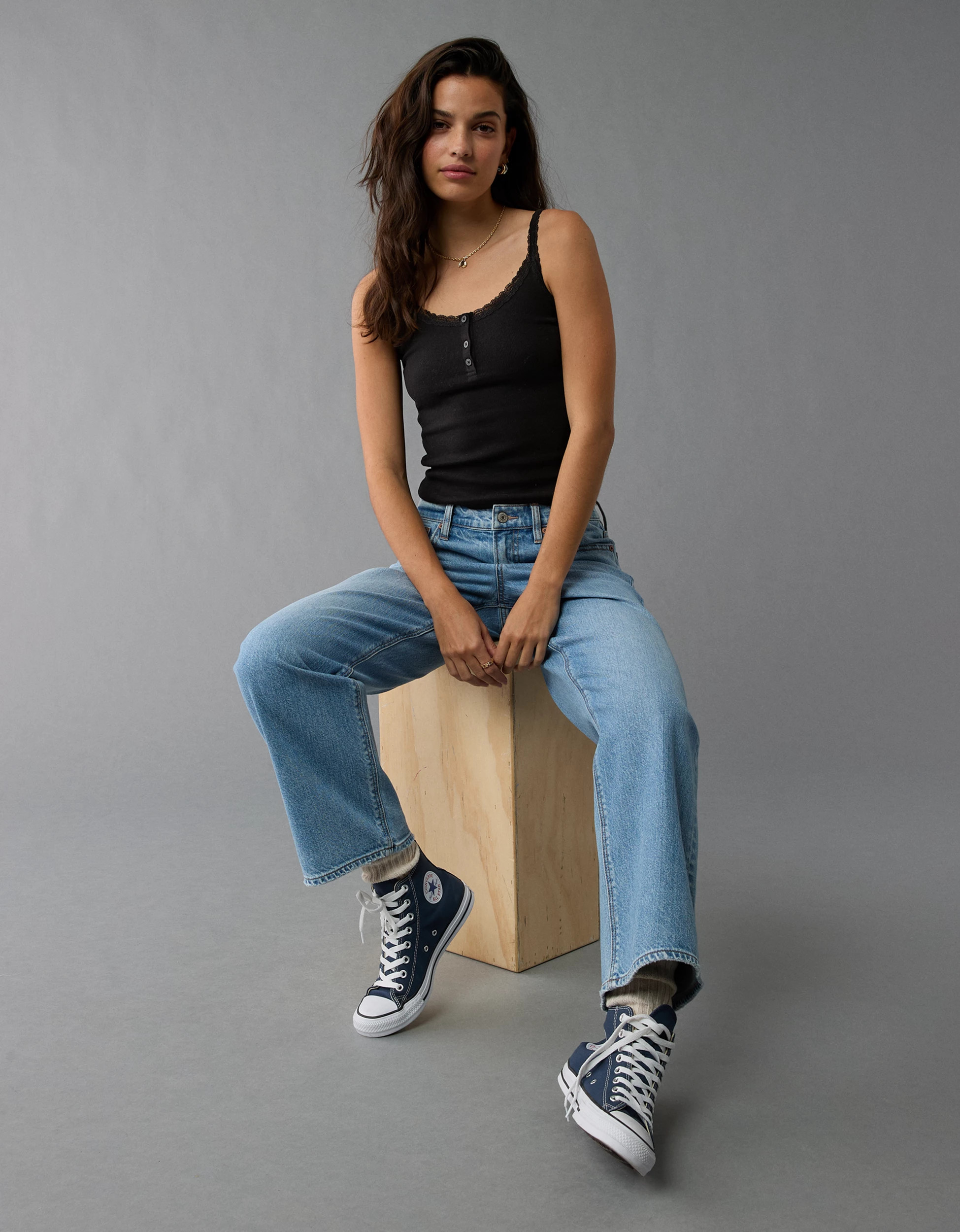 AE Main Squeeze Lace Trim Henley Cami | American Eagle Outfitters (US & CA)