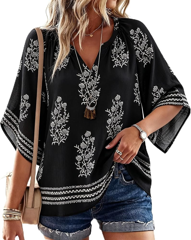 SimpleFun Womens 3/4 length Sleeve Boho Tops V Neck Summer Peasant Blouses Loose Fit Tunic Shirt ... | Amazon (US)