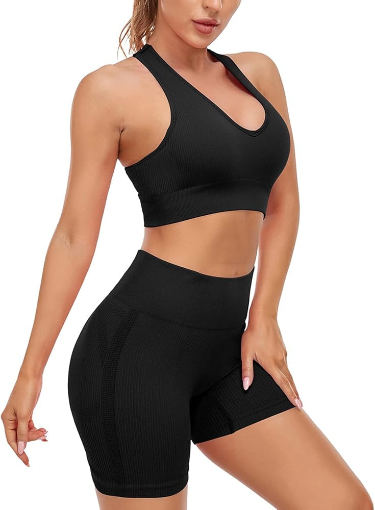 Workout Sets for Women 2 Piece Racerback Sports Bra High Waist Shorts Seamless Ribbed Yoga Gym Outfi | Amazon (US)