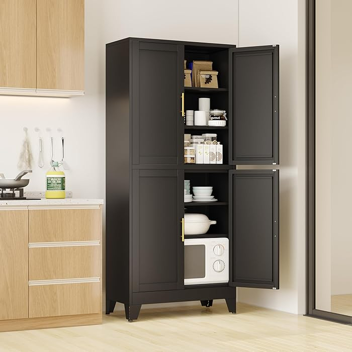 75" H Tall Kitchen Pantry Cabinet, Pantry Storage with Doors and 3 Adjustable Shelves, Metal Stor... | Amazon (US)