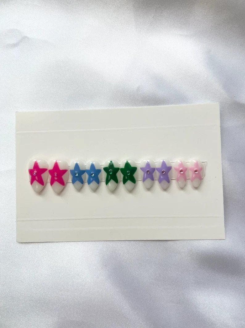Luxury Hand Painted Press on Nails Rainbow Star Rhinestones - Etsy | Etsy (US)