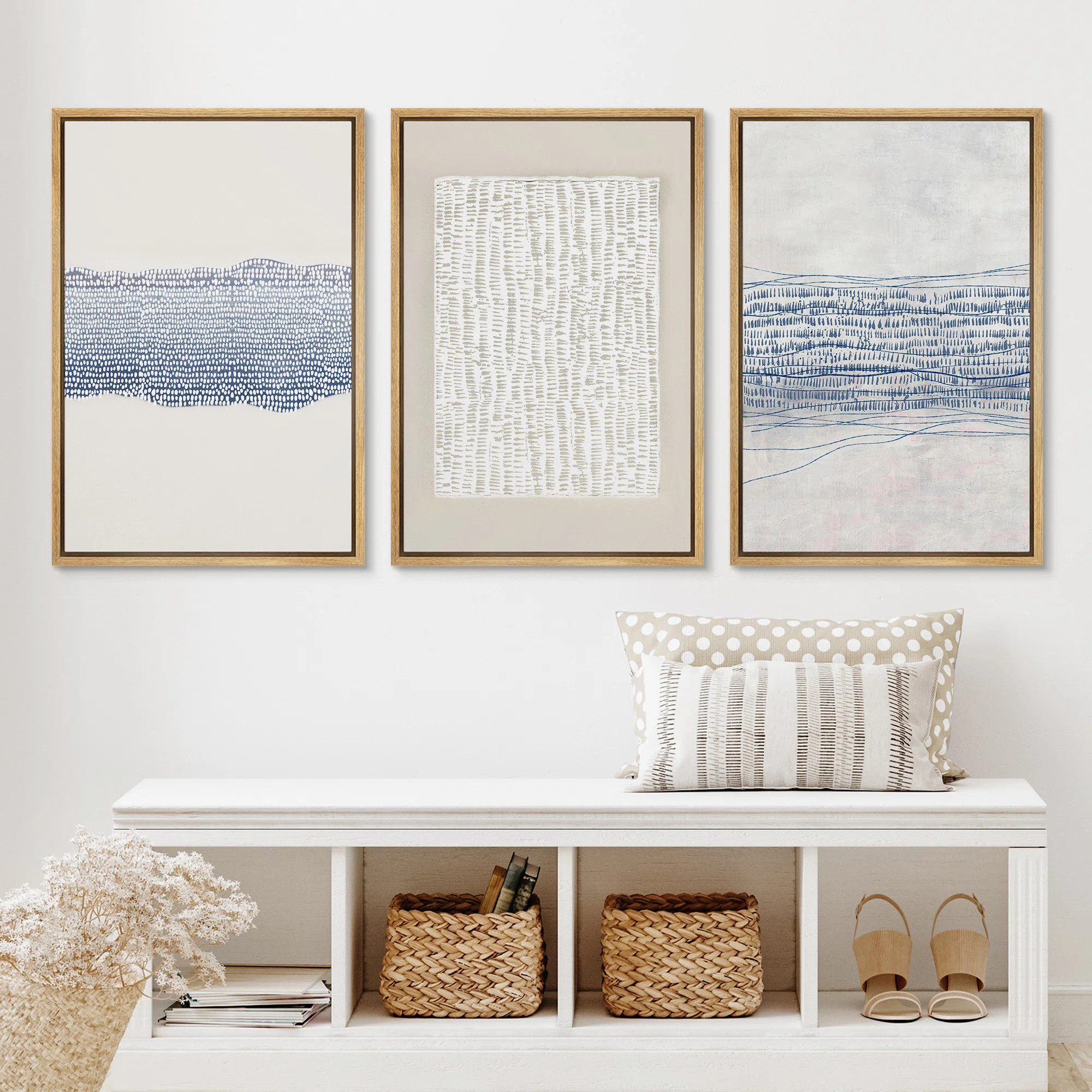 IDEA4WALL Geometric Line Blue Grunge Abstract Modern Neutral Pictures Frame Canvas 3 Piece Print ... | Wayfair North America