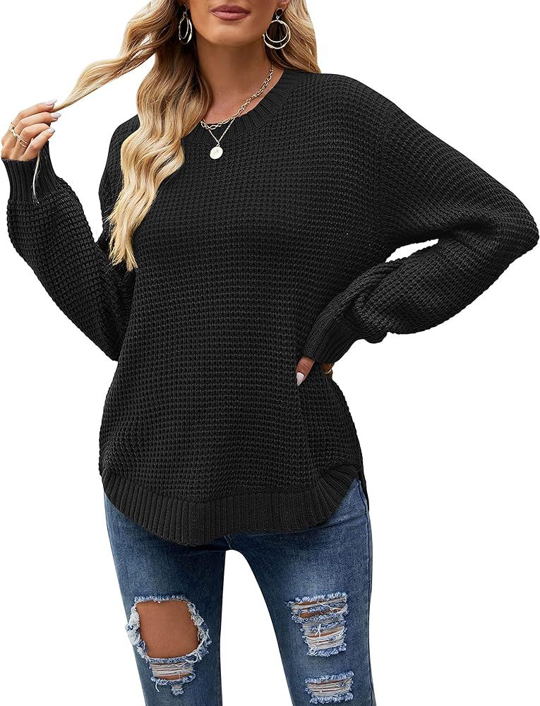 MEROKEETY Women's 2023 Fall Casual Fall Waffle Knit Sweater Long Balloon Sleeve Loose Pullover Ju... | Amazon (US)