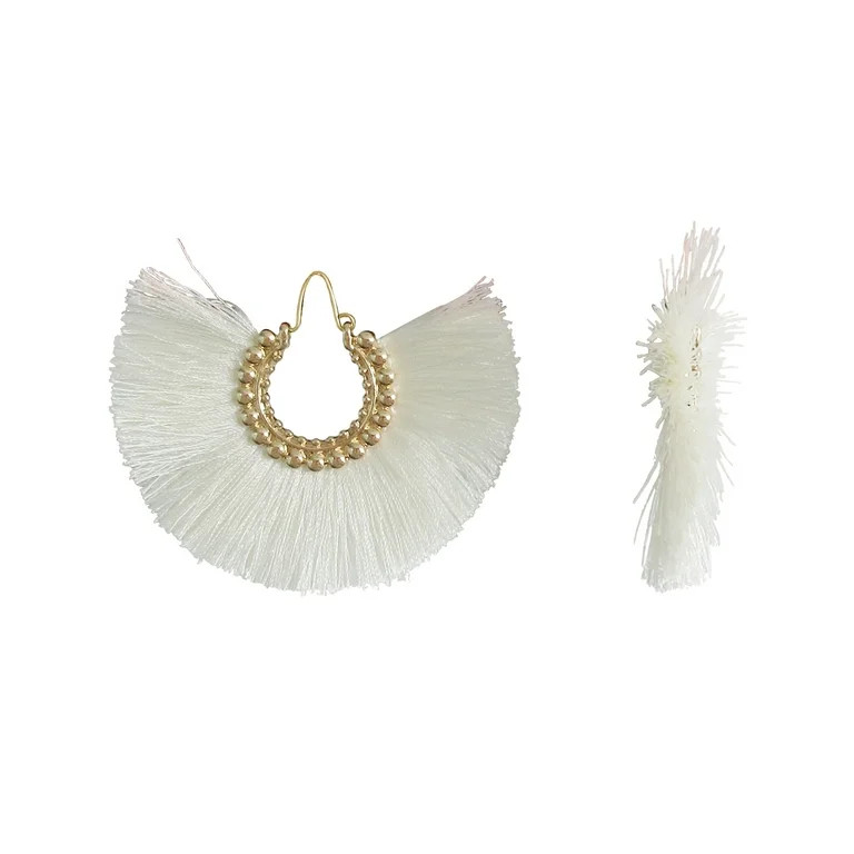 Time and Tru Women's Circle Fan Tassel Earrings with White Fringe | Walmart (US)