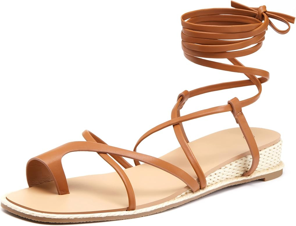 Coutgo Womens Gladiator Espadrille Low Wedges Sandals Lace Up Flat Thong Cross Strappy Summer Sho... | Amazon (US)