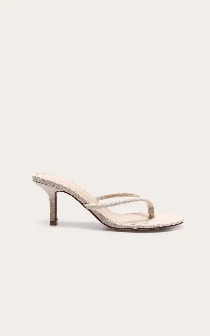 Natural Linen Round Toe Thong Mid Heel Mules | PrettyLittleThing UK
