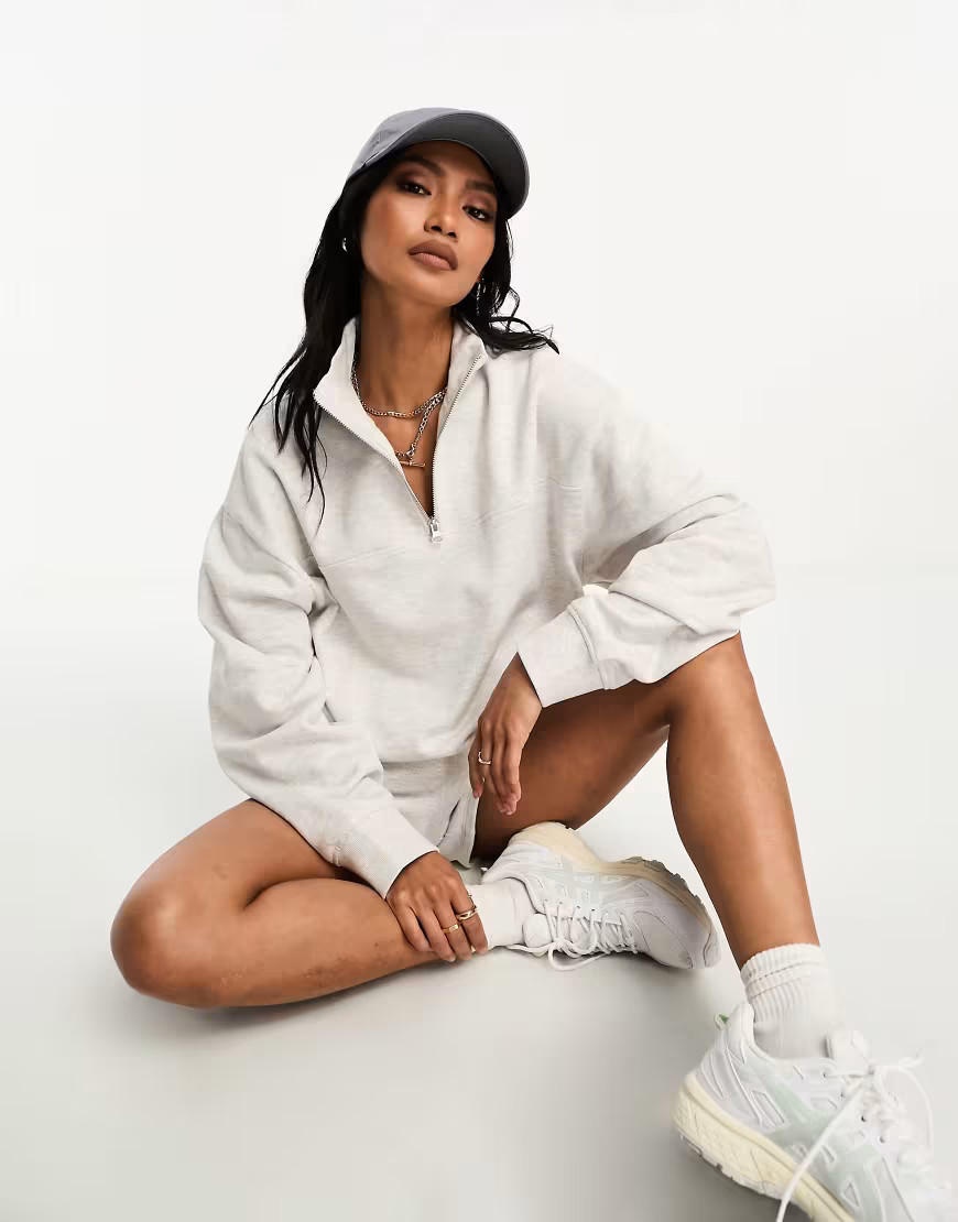 ASOS DESIGN half zip sweatshirt in ice heather-Gray | ASOS (Global)
