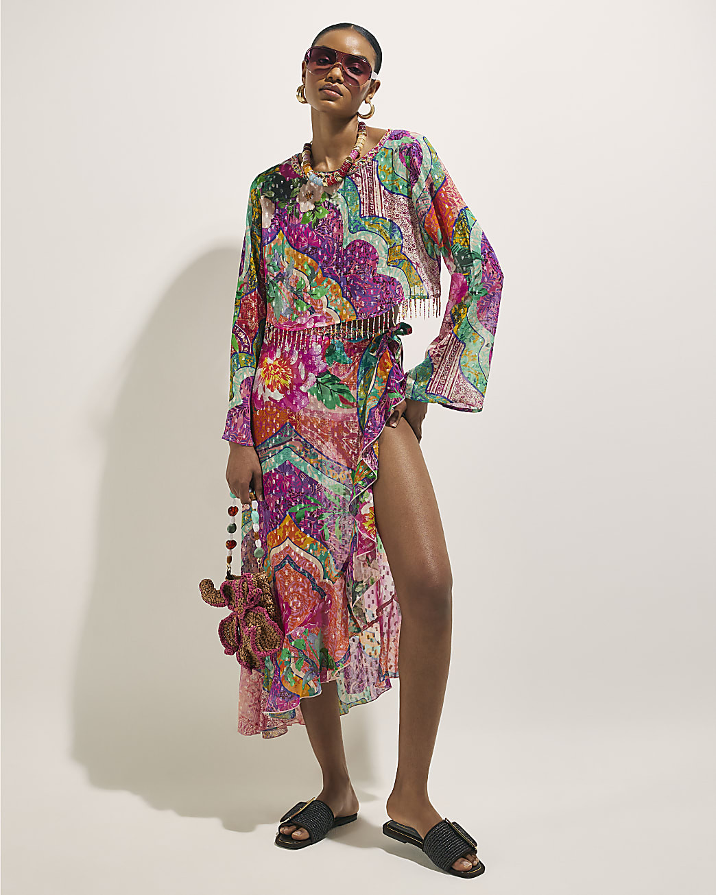 Pink Floral Printed Ruffle Beach Maxi Skirt | River Island UK & IE
