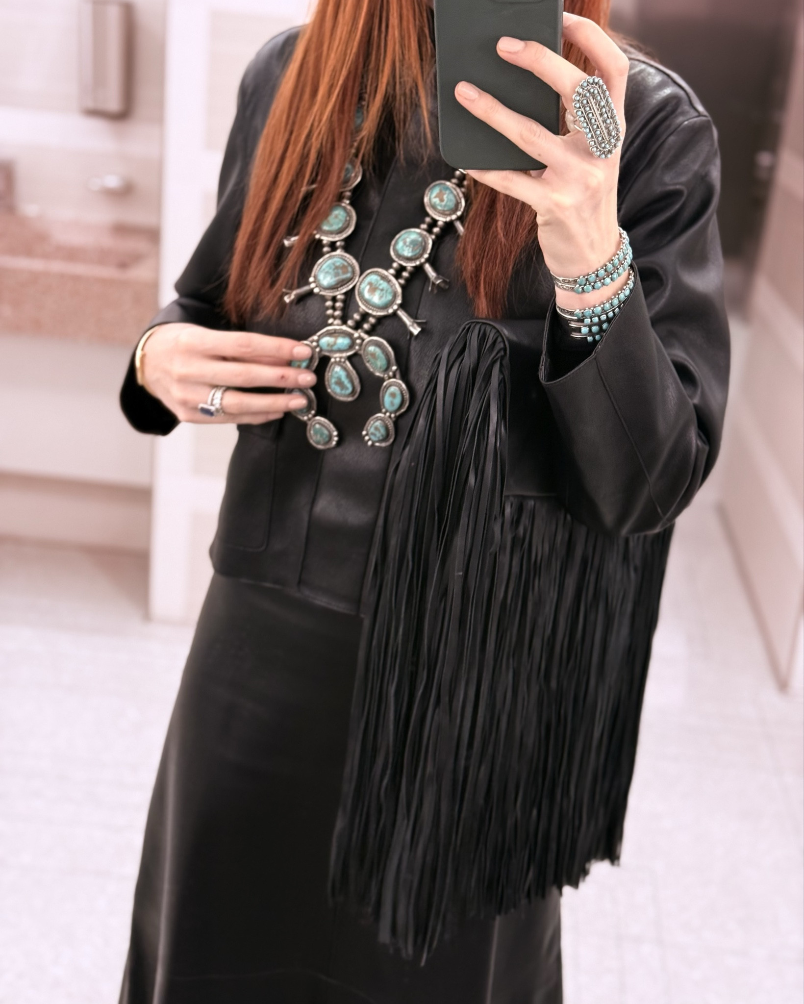 Back home and straight to the Forth Worth Stock Show and Rodeo. Such a fun experience for our kids - definitely recommend for a family night out.

I went all black leather with pops of turquoise, I think this is such a chic and elevating way to wear western. My fringe bag is AMAZING and still available, great add to my line-up. Turquoise is from Native American tribes from our travels over the years, but you can find great gems on Posh, EBay, Etsy, etc. - linking some that I’ve sourced for you.

#LTKTravel #LTKootd #LTKgrwm