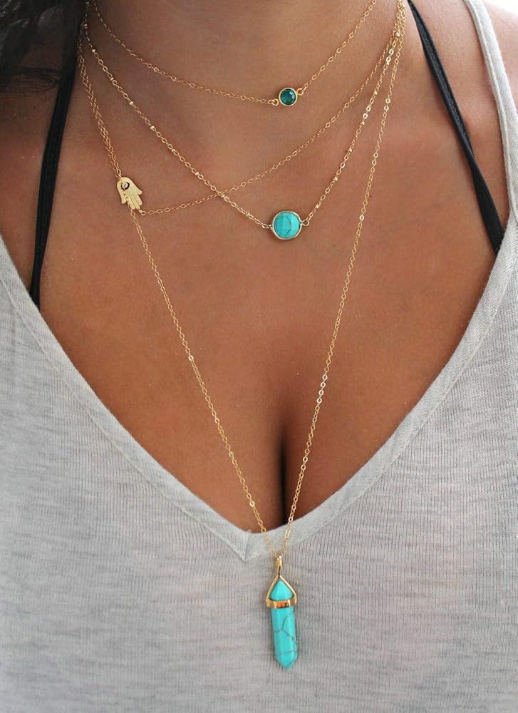 Ckecharfa Boho Turquoise Necklaces Gold Crystal Adjustable Necklace Chain Jewelry for Women | Amazon (US)