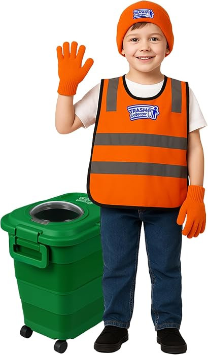 Trash Collector Costume with Collapsible Rolling Trash Can \u2013 Pretend Play Set for Kids Ages ... | Amazon (US)