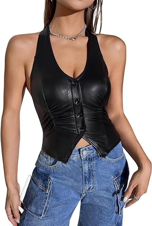Verdusa Women's Button Front Ruched Halter V Neck Pu Leather Crop Halter Top | Amazon (US)