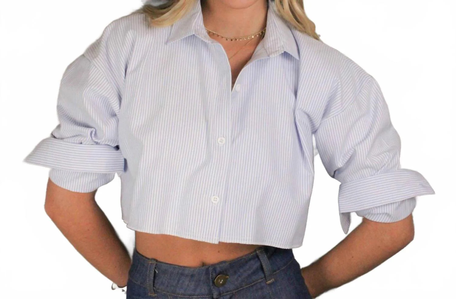 Button Down Crop Top In Blue & White Stripe | Shop Simon