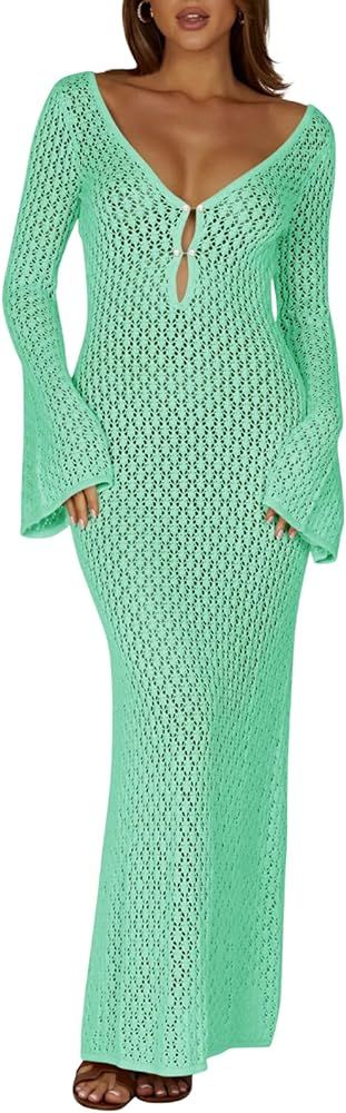 Saodimallsu Womens V Neck Crochet Maxi Dresses Bell Sleeve Bodycon Long Dress Hollow Out Summer B... | Amazon (US)