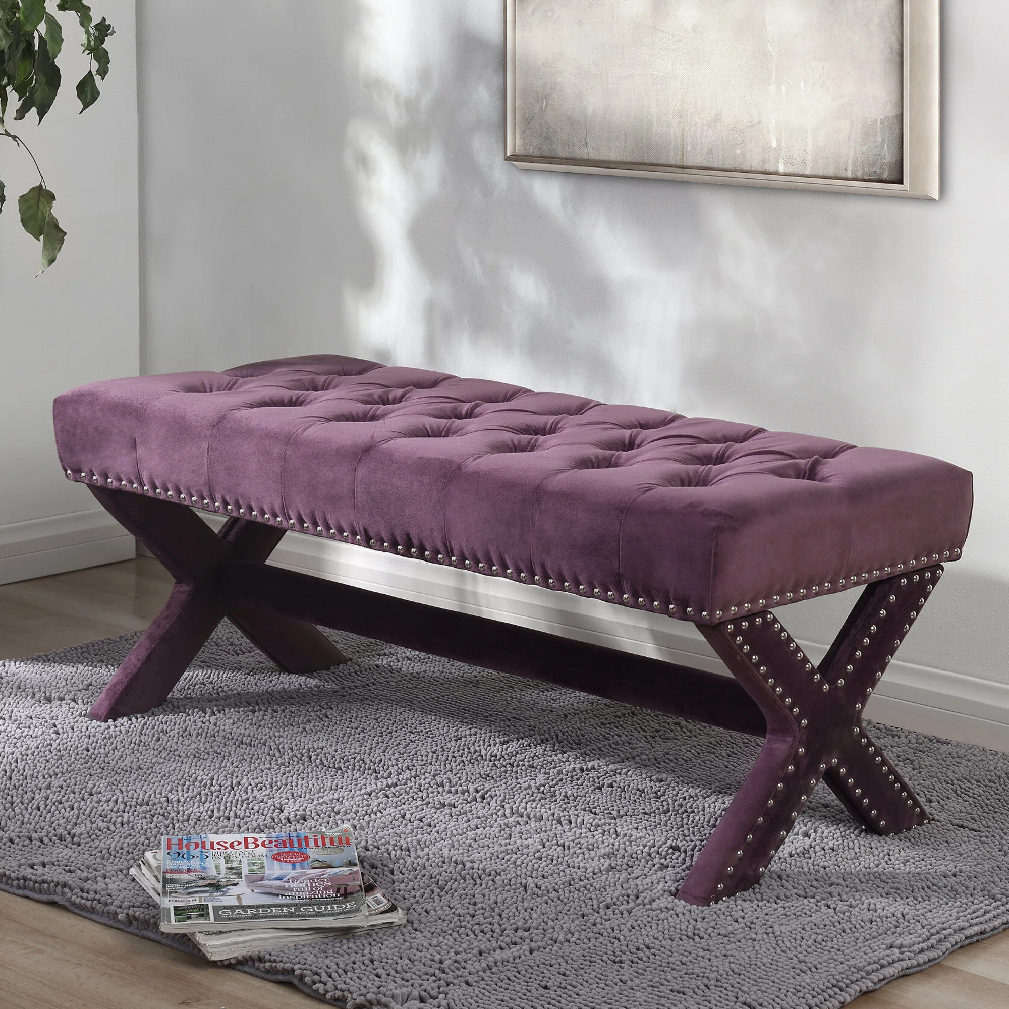 Lovell Velvet Button Tufted Silver Nailhead Trim X-Leg Bench | Wayfair North America