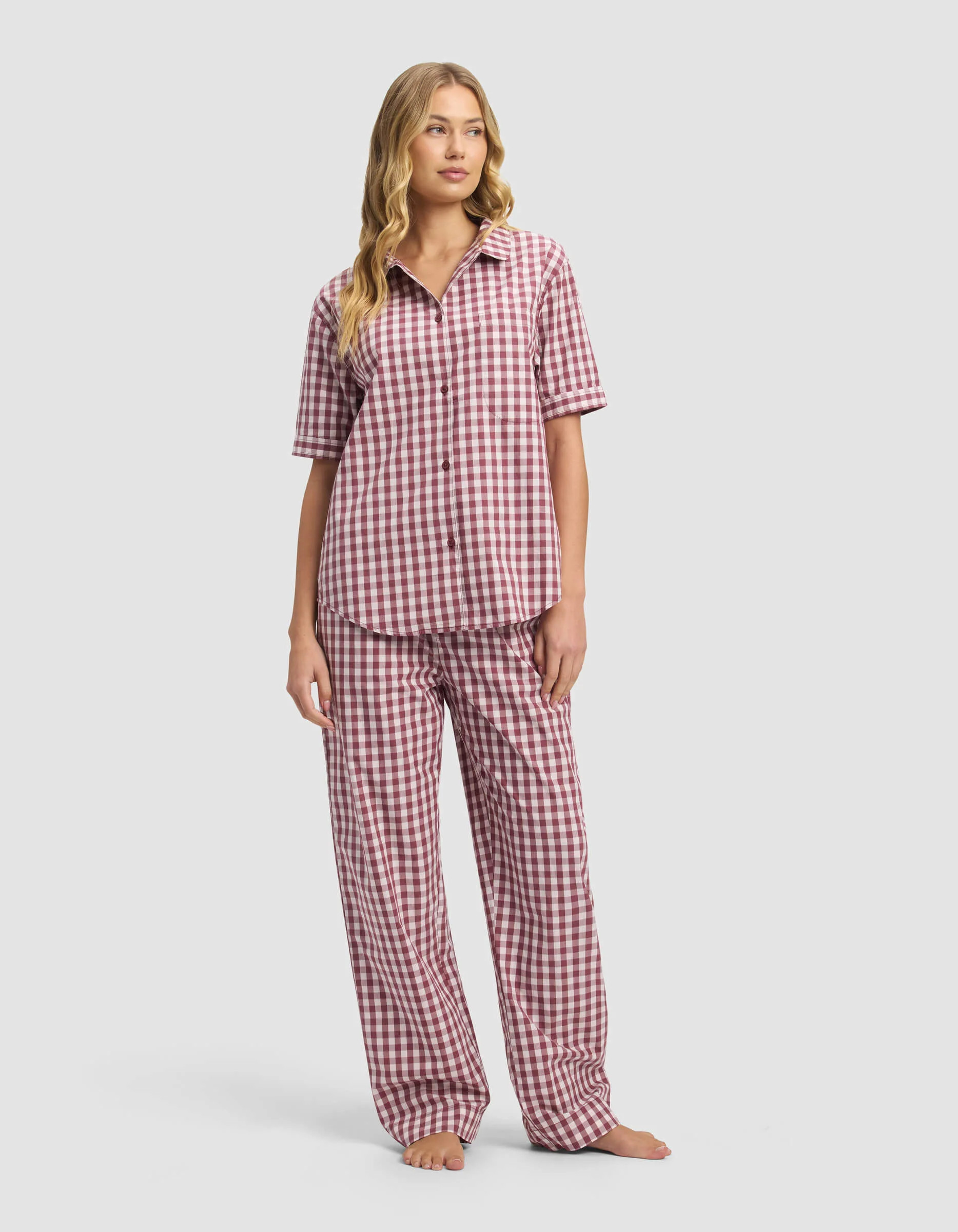 Women's Sutton Short Sleeve Shirt & Pants Pajama Set in Mulberry Gingham (Size: 2XL) - Cozy Earth | Cozy Earth
