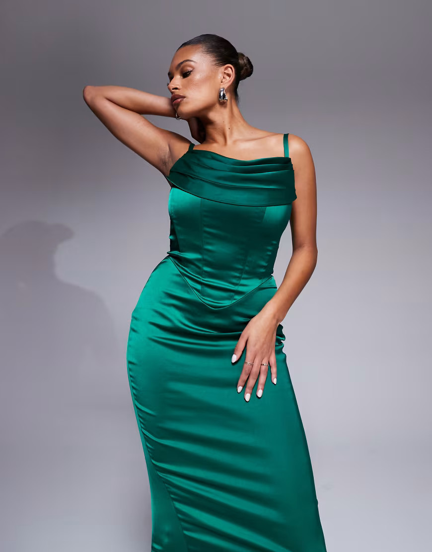 Taideux fuller bust Carmen satin midaxi boned corset dress in emerald green | ASOS (Global)