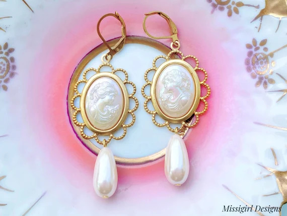 Cameo Earrings/Cameo and Pearl Earrings/Pearl Cameo Earrings/Downton Abbey Inspired Earrings/Gift... | Etsy (US)