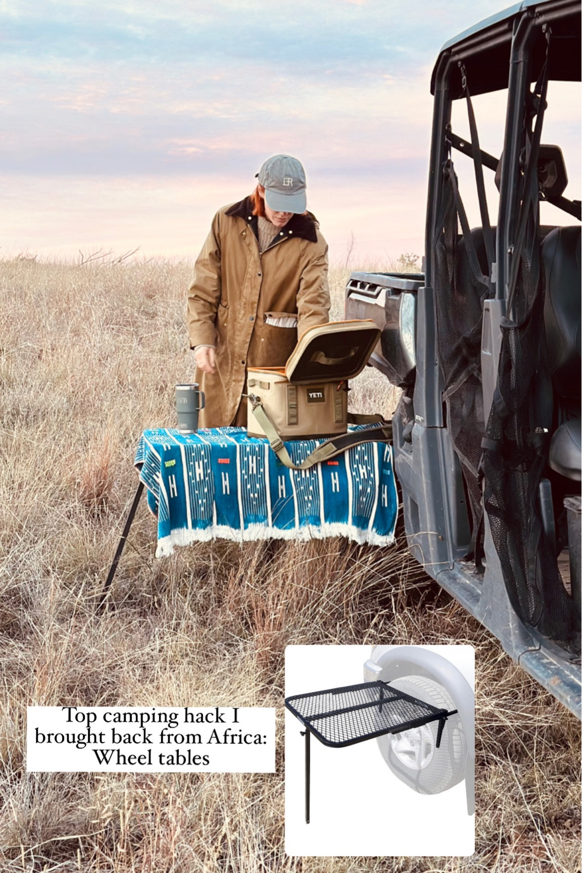 I watched how the safari guides would serve up snacks throughout the tours and many of them used these wheel tables, added a tablecloth and threw our small bowls and bags of snacks. I just got mine in and used it tonight at sunset. Great party trick and gift for the camper! 

#LTKtravel #LTKGiftGuide #LTKmens