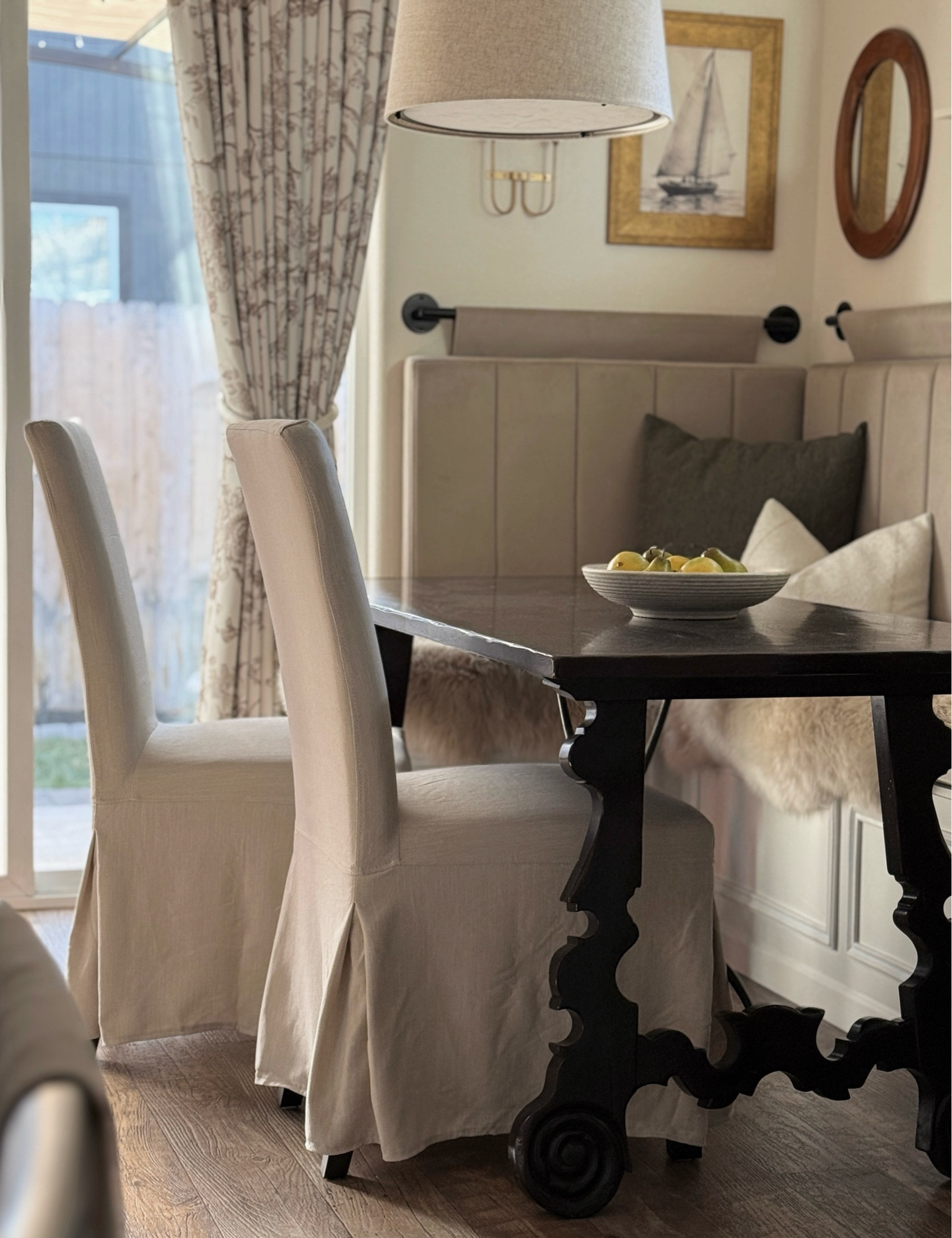 DINING NOOK SOURCES:
the benches made the world of difference in this space. We used baseboard trim around the bottoms to give them a built-in look and then paneled the front with pre/primed mdf & adhesive chair rail for a custom look!

The slipcover chairs are brand new to us and I can’t wait to have meals around the table again. 🕊️ 

#LTKFindsUnder100 #LTKHome #LTKSaleAlert