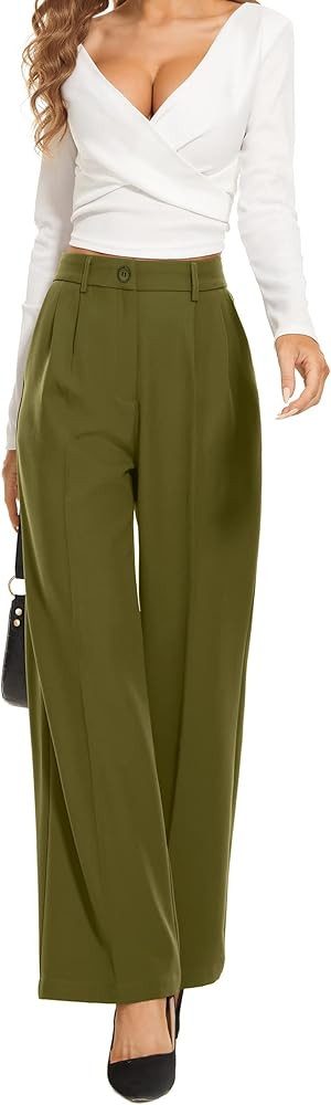 FUNYYZO Women's Wide Leg Pants High Elastic Waisted in The Back Business Work Trousers Long Strai... | Amazon (US)