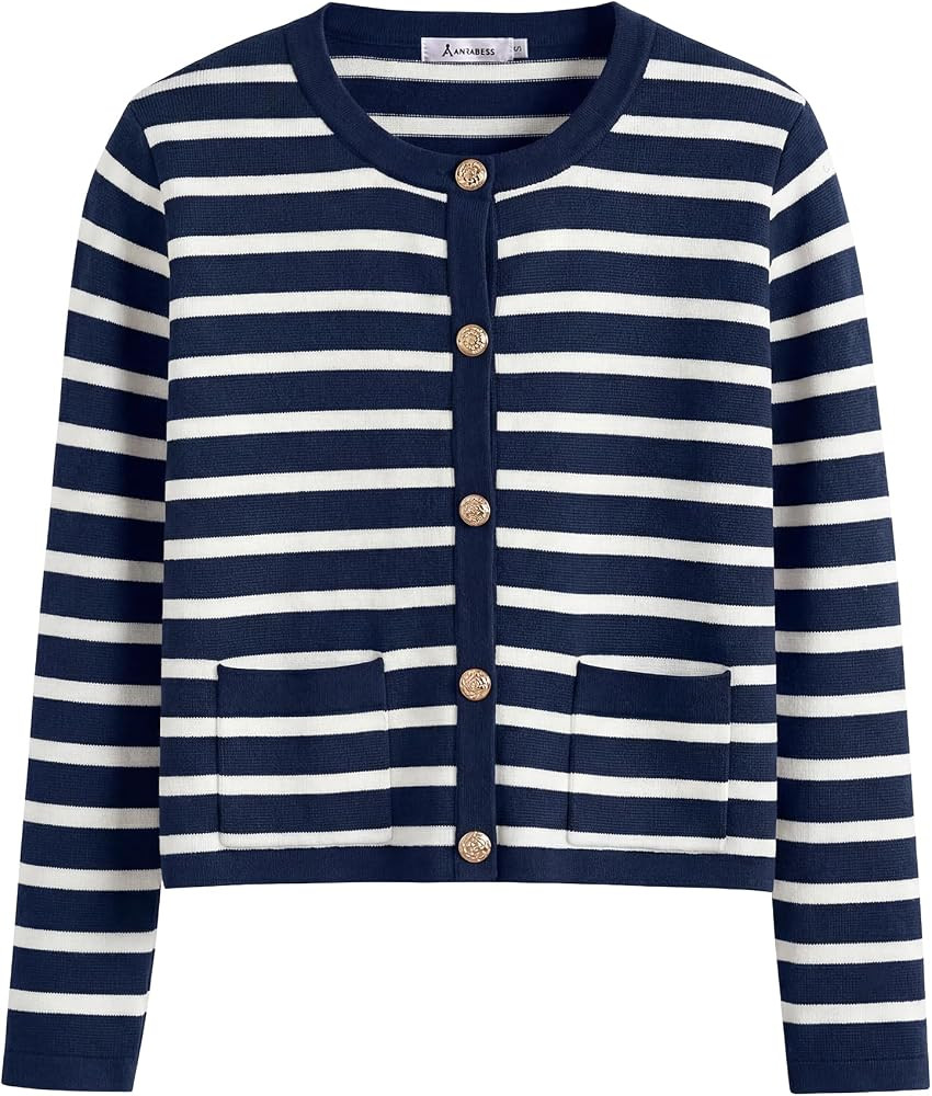 ANRABESS Women's Button Down Cropped Striped Cardigan Sweaters | Amazon (US)