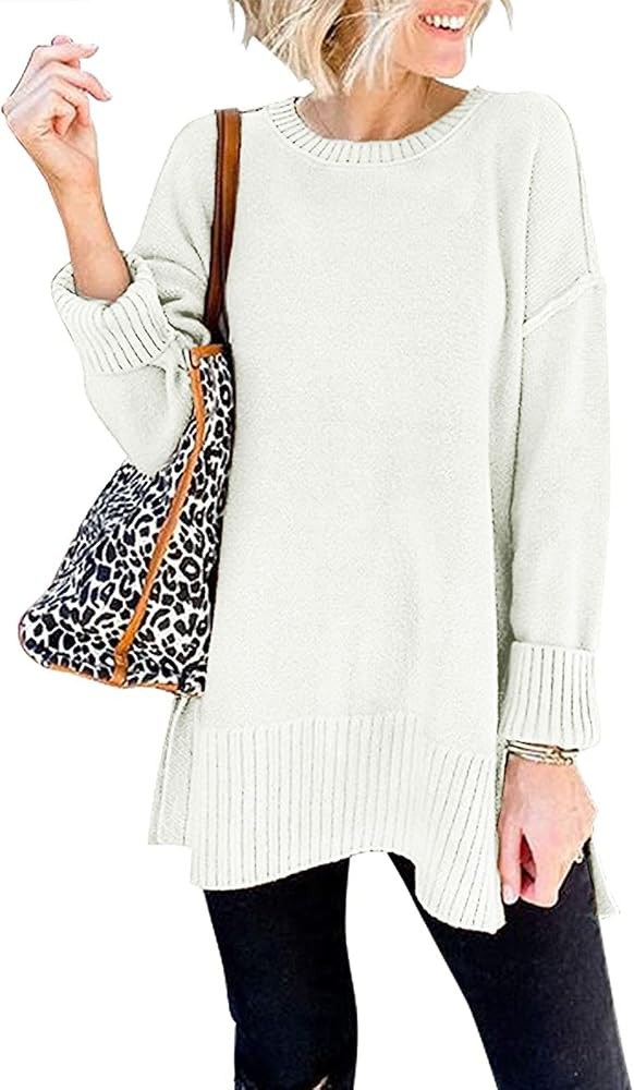 MEROKEETY Women's Casual Crew Neck Side Split Pullover Sweater Loose Long Sleeve Jumper Top | Amazon (US)