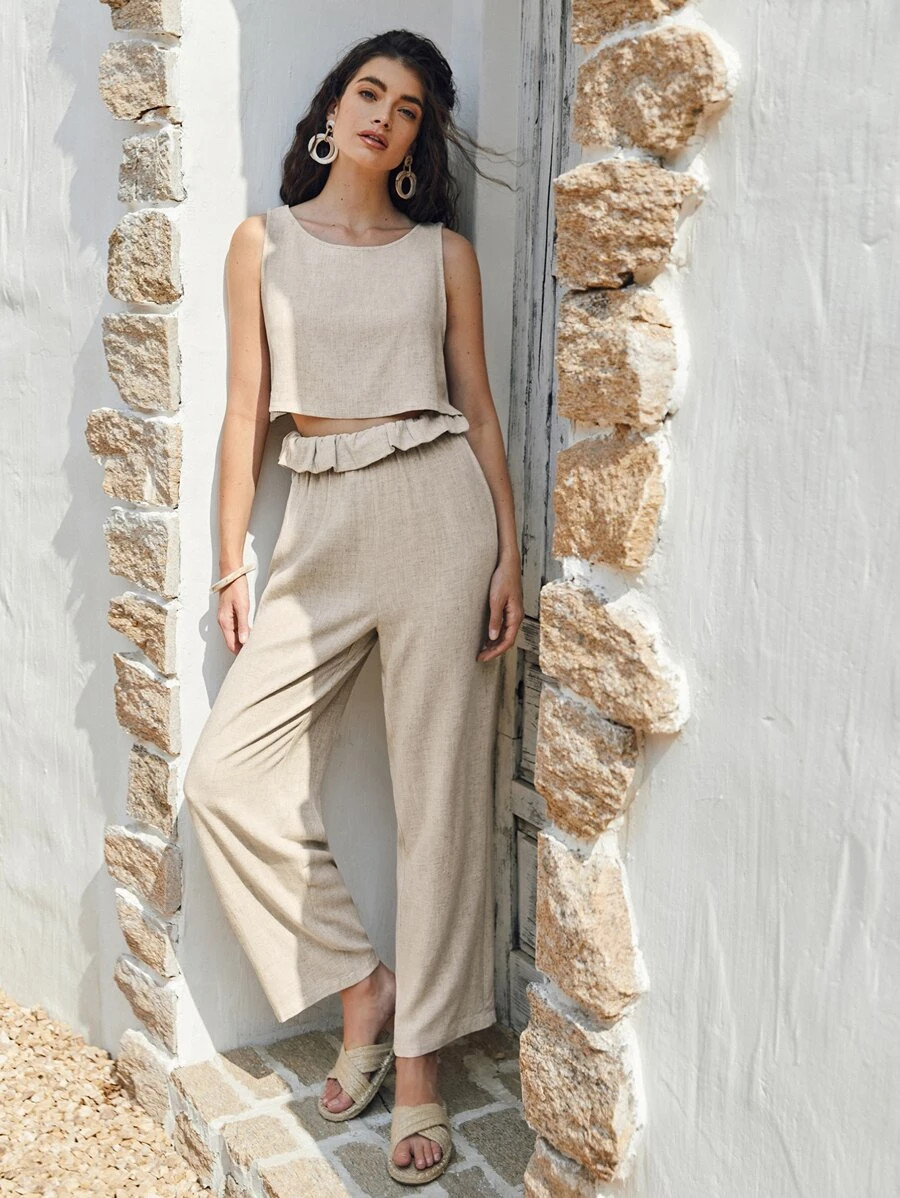 SHEIN Wrap Back Solid Tank Top & Paperbag Waist Pants Set | SHEIN