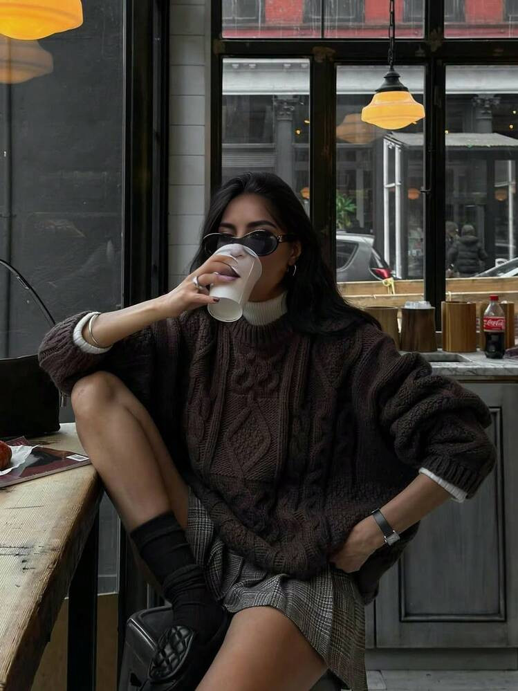 Senya Suéter De Mujer De Cuello Redondo Con Flores Retorcidas De Punto De Cable, De Hombros Caídos, De Unicolor, Suelto Y Simple, Estilo Vintage Para Graduación Y Regreso A La Escuela | SHEIN