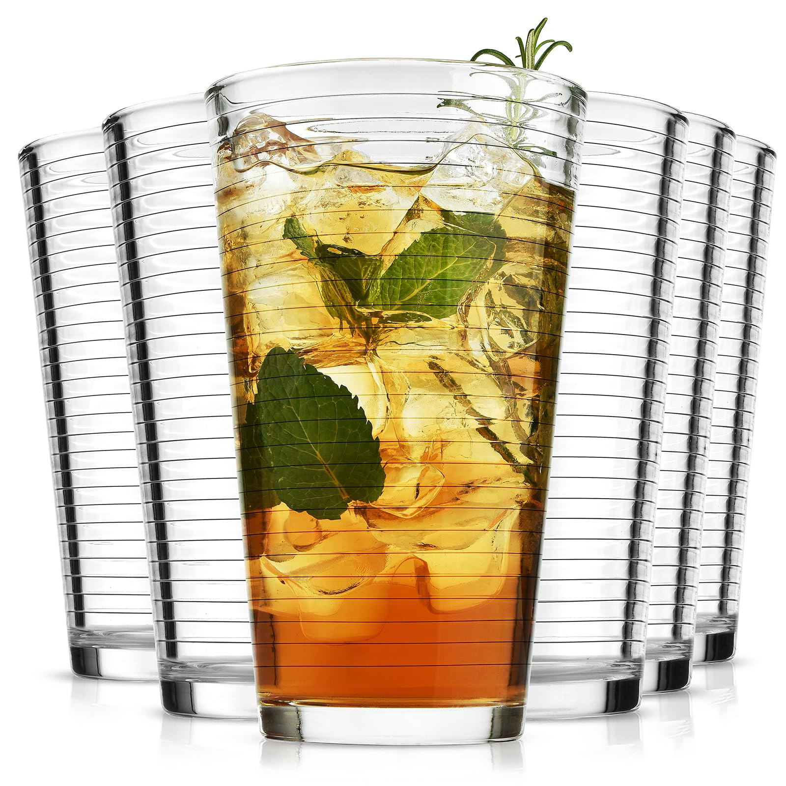 ALINK 16 oz Drinking Glasses, Set of 6 Highball Glasses, Ribbed Glassware Glass Cups, Water Glass... | Amazon (US)