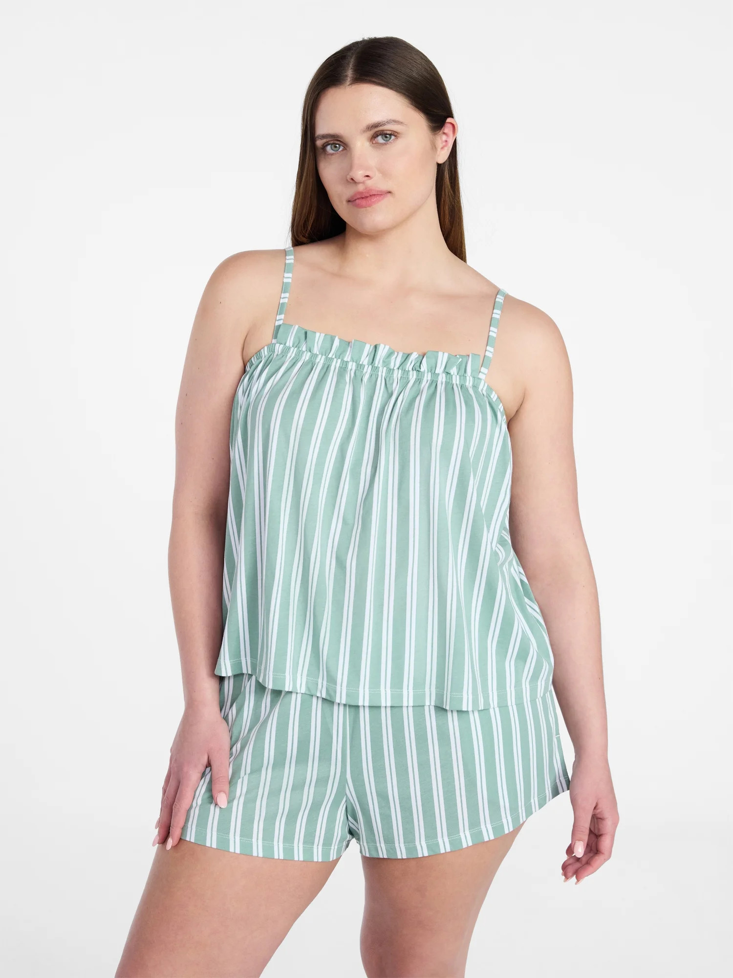Joyspun Women's Cotton Ruffled Tank Top and Shorts Pajama Set, 2-Piece, Sizes XS-3X | Walmart (US)