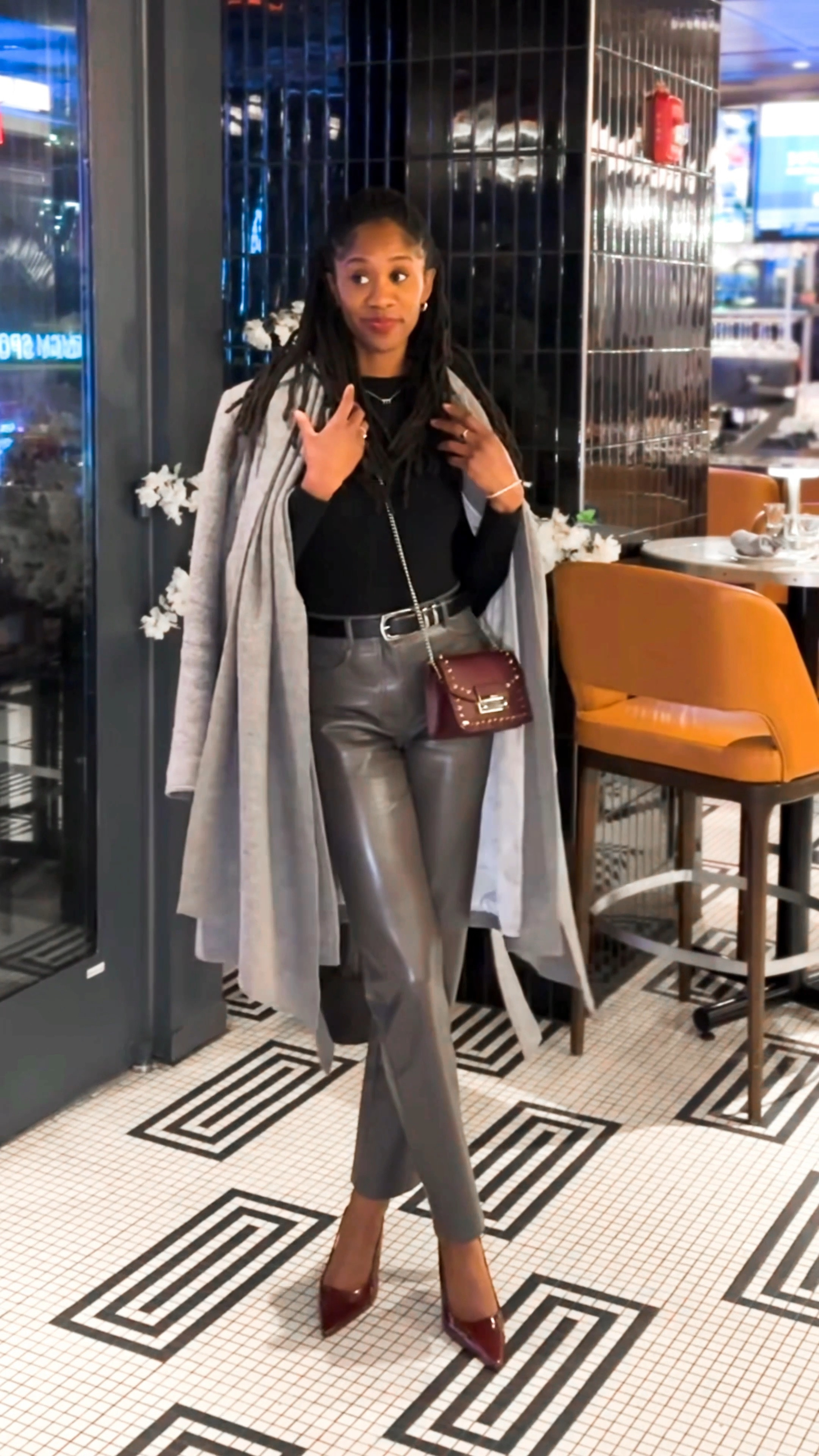 The way this outfit carried me from work to happy hour 🥹

These beautiful leather trousers from Aritzia make getting dressed so much more fun! They speak for themselves, so I kept the rest of the look balanced with shades of black and grey. And of course I had to have a little fun with the cutest Oxblood pumps and bag!

#LTKstyletip #LTKSeasonal #LTKfindsunder100