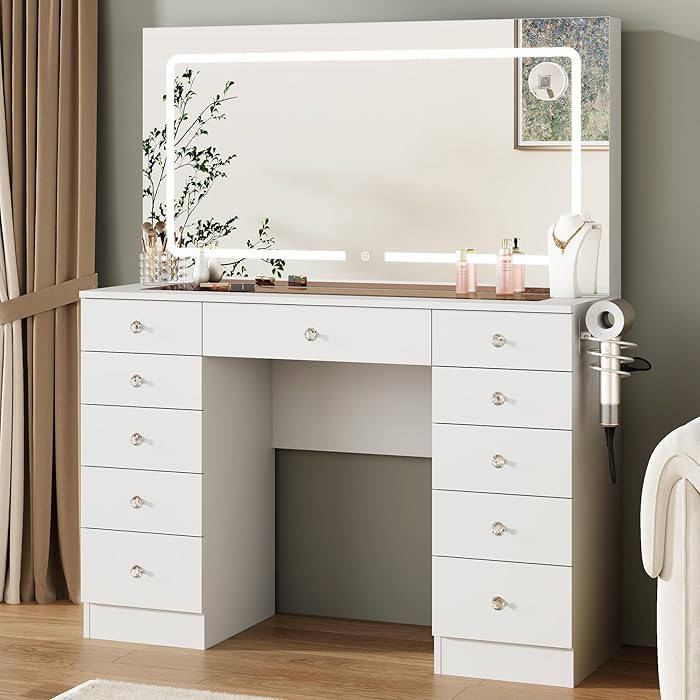 White Vanity with Lighted Mirror, 11 Drawers Vanity Mirror with Lights, 46" Makeup Vanity Desk wi... | Amazon (US)