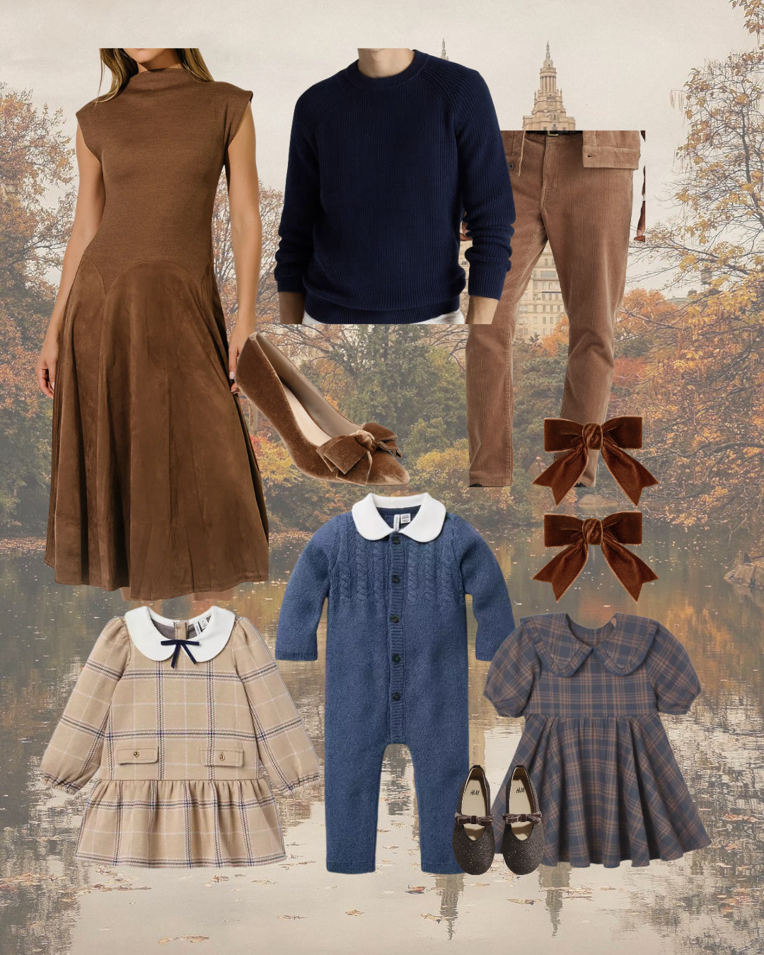 Fall family photo outfits with the prettiest mix of navy, camel and chocolate brown 🍂 Classic fall colors that coordinate without making the whole family look too matching.
Mom: brown drop-waist midi dress + velvet bow heels
Dad: navy sweater + camel corduroy pants
Toddler girl: plaid Peter Pan collar dress, velvet hair bows + brown Mary Janes
Baby boy: blue cable knit romper with white Peter Pan collar
fall family photo outfits, navy and brown family pictures, toddler girl family photo outfit, baby boy family photo outfit, coordinating family outfits, fall family picture ideas, plaid toddler dress, baby boy knit romper, Peter Pan collar dress, corduroy pants, neutral family photo outfits 

 #LTKmomlife #LTKSeasonal #LTKBaby